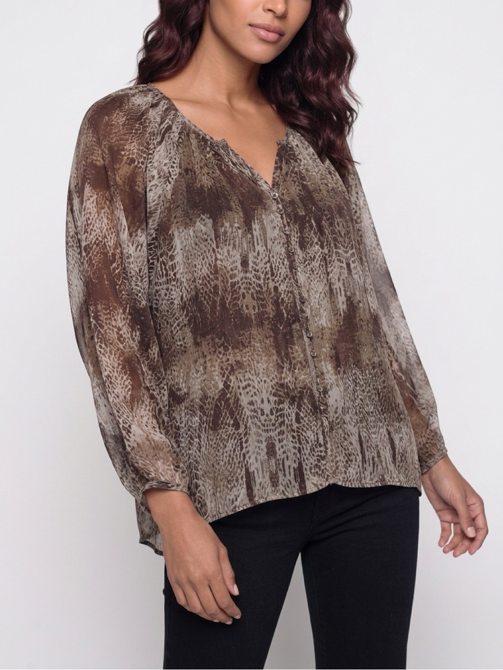 Nicole Richie Collection WarmTaupeBrown Patterned Sheer Button-Front Tunic